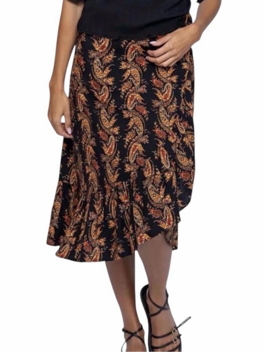 Natural Life Paisley Ruffle Wrap Midi Skirt Black Boho Medium NWT